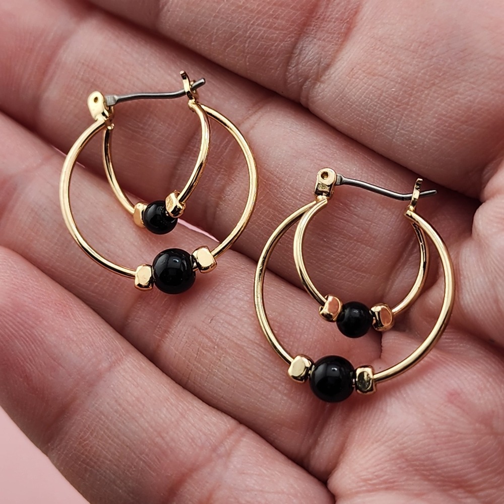 Gold Tone Double Hoop Earrings Black Beads Layered Geometric Dangle Statement